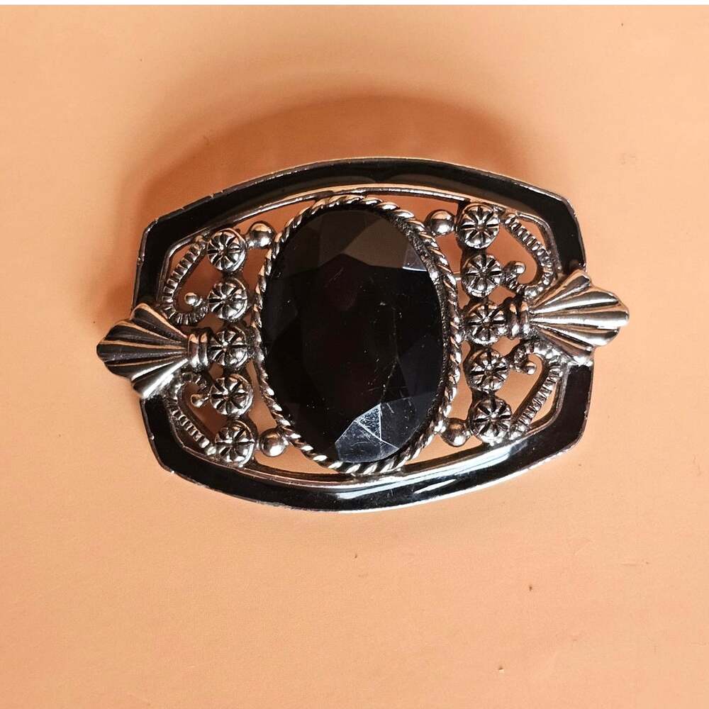 Vintage black silver filigree brooch victorian revival gothic pin